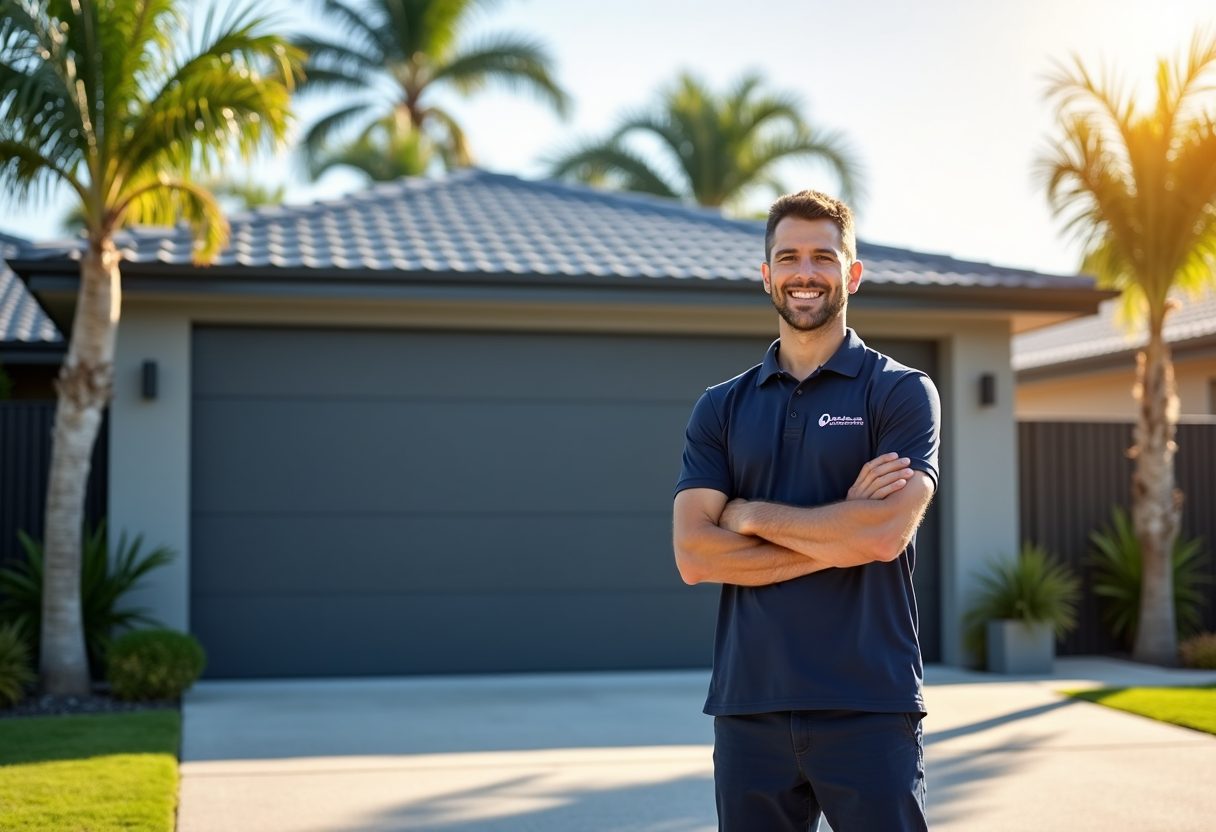 Technician beside a newly installed sectional garage door — Sorrento